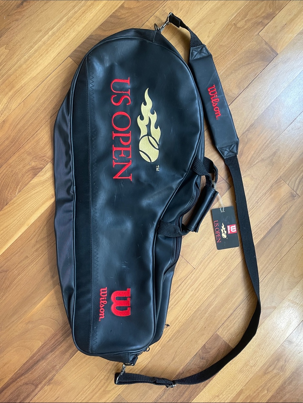 Wilson US OPEN Black Leather Tennis Travel Gym Duffel Bag Embroidered